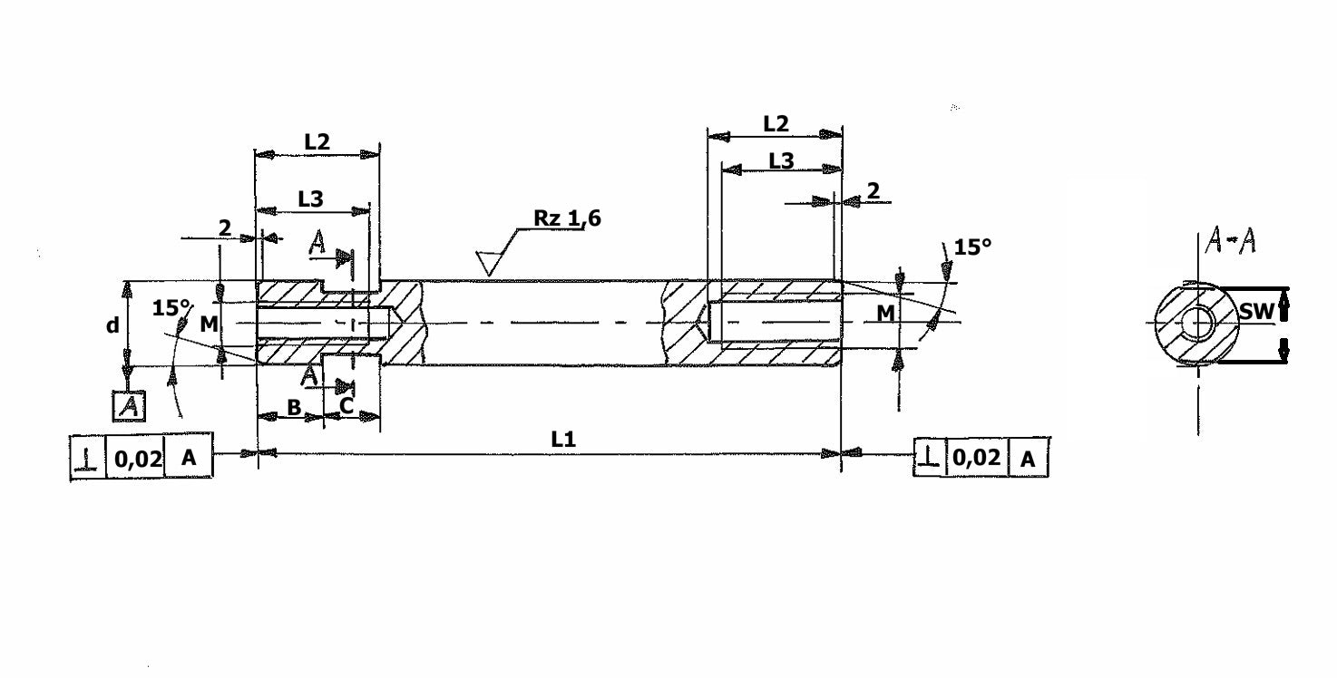 Maßzeichnung mit Abmessungen, Führungswelle Führungsbolzen gehärtet geschliffen 126mm